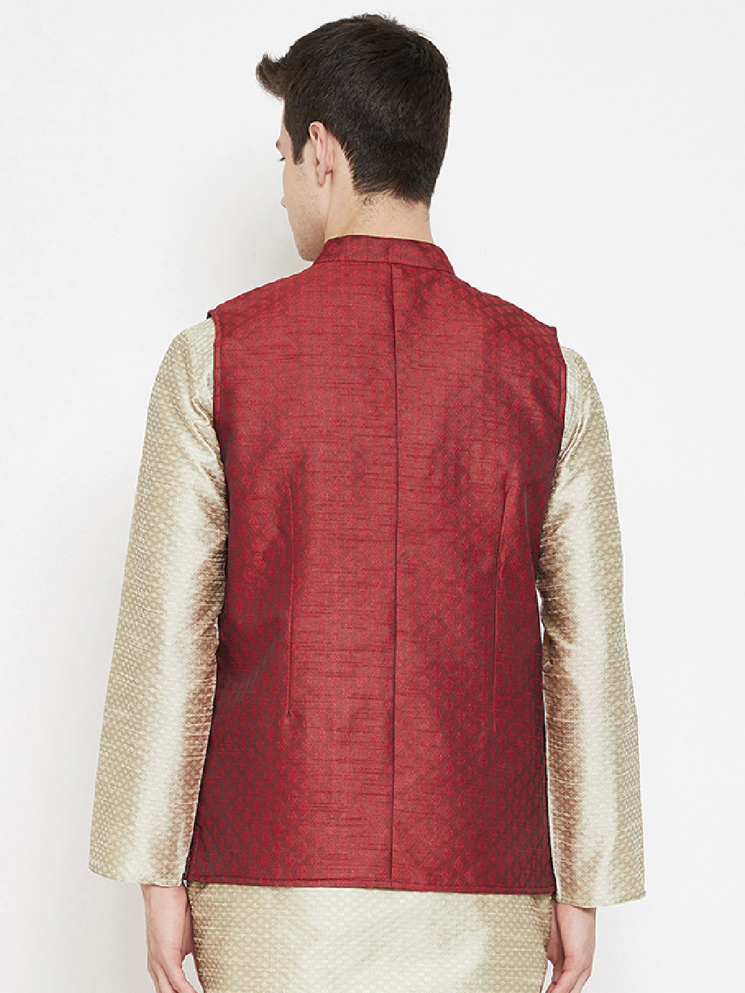 Men's Jacquard Red Silk Nehru Jacket