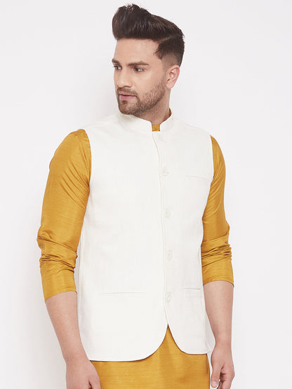 Men's White Cotton Linen Nehru Jacket