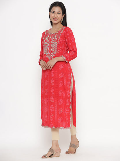 Women's Self Desgin Rayon Fabric Straight Kurta Red Color