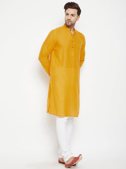 Men's Yellow Color Long Kurta with Band Collar