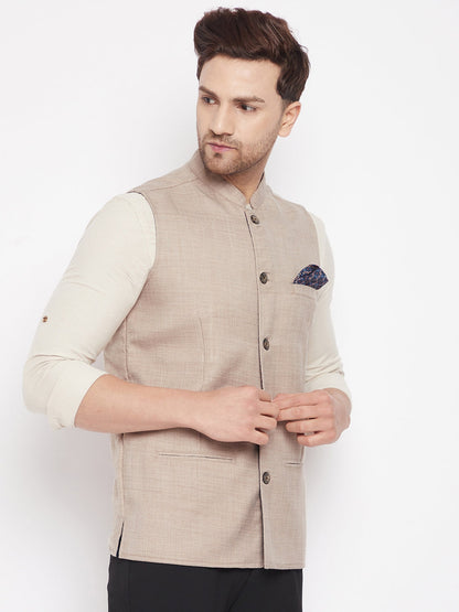 Men's Cream Color Nehru Jacket-Contrast Lining-Inbuilt Pocket Square