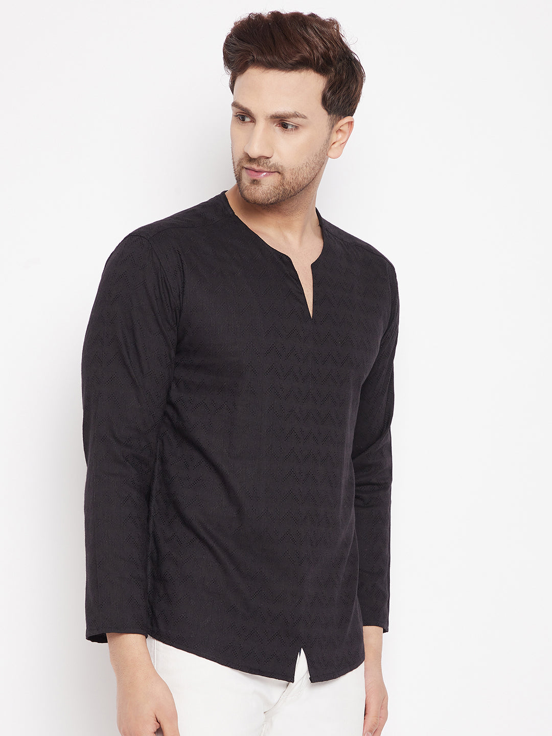 Men's Black Color Kurta with Slit Neckline