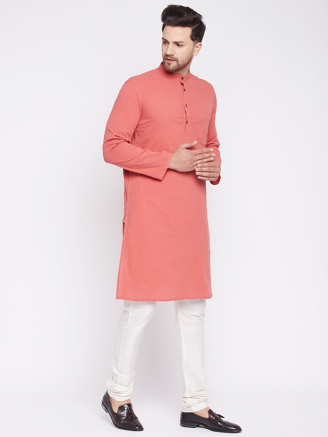 Men's Long Kurta with Band Collar -