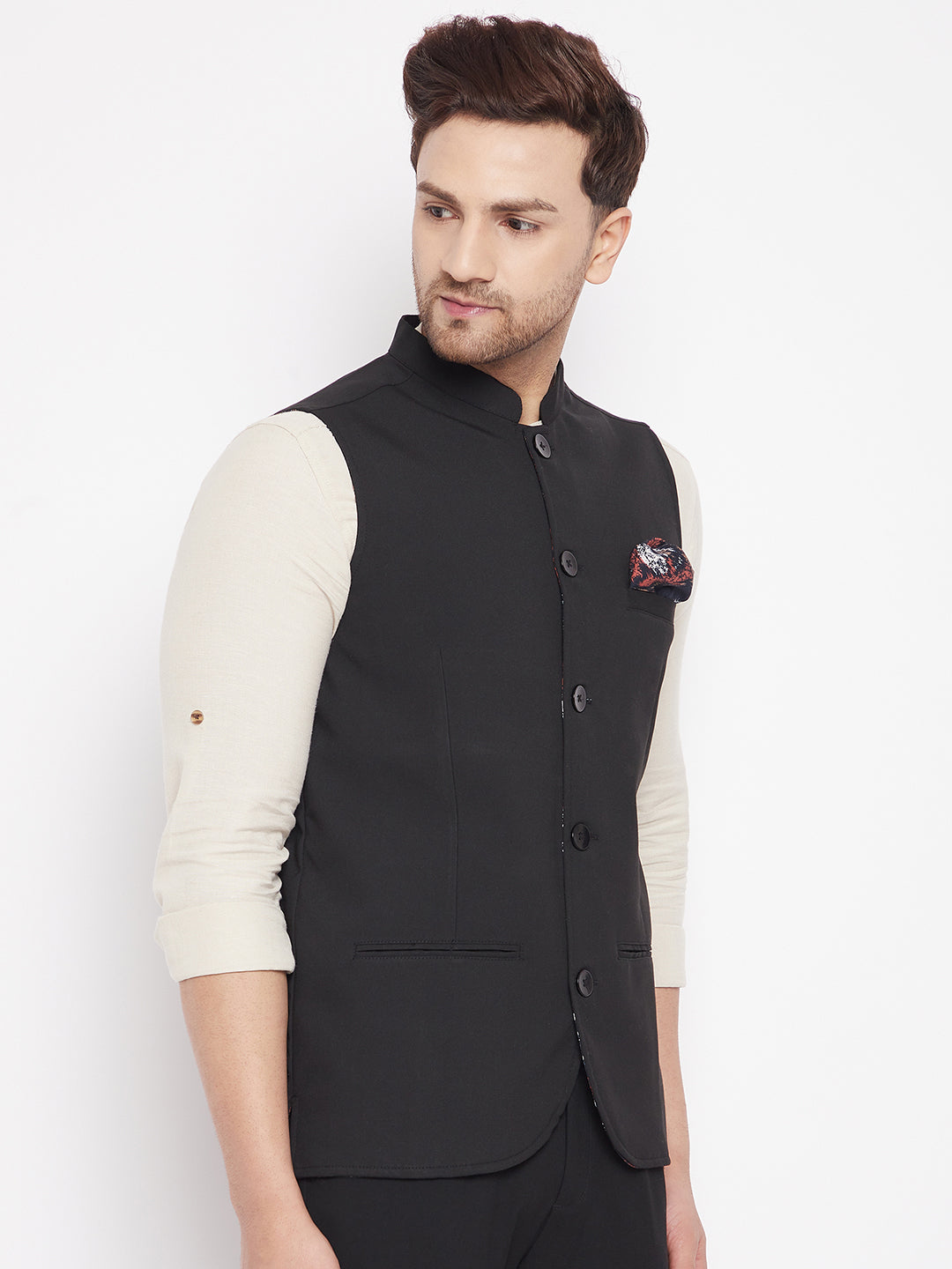 Men's Black Color Nehru Jacket-Contrast Lining-Inbuilt Pocket Square