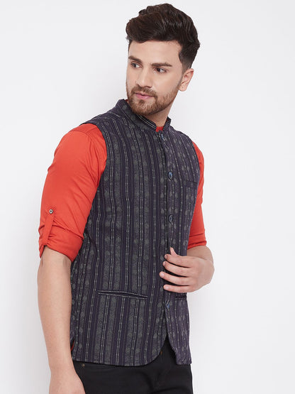 Men's Ethnic Jacquard Navy Blue Nehru Jacket