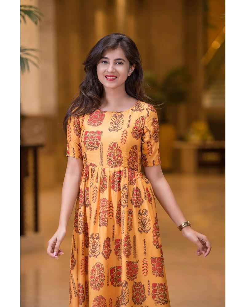 Women's Mustard Color Printed Long Kurta Dress (1pc set) - Label Shaurya Sanadhya