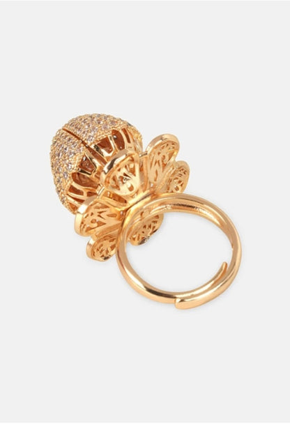 Women's American Diamond Gold-Plated Lotus Ring