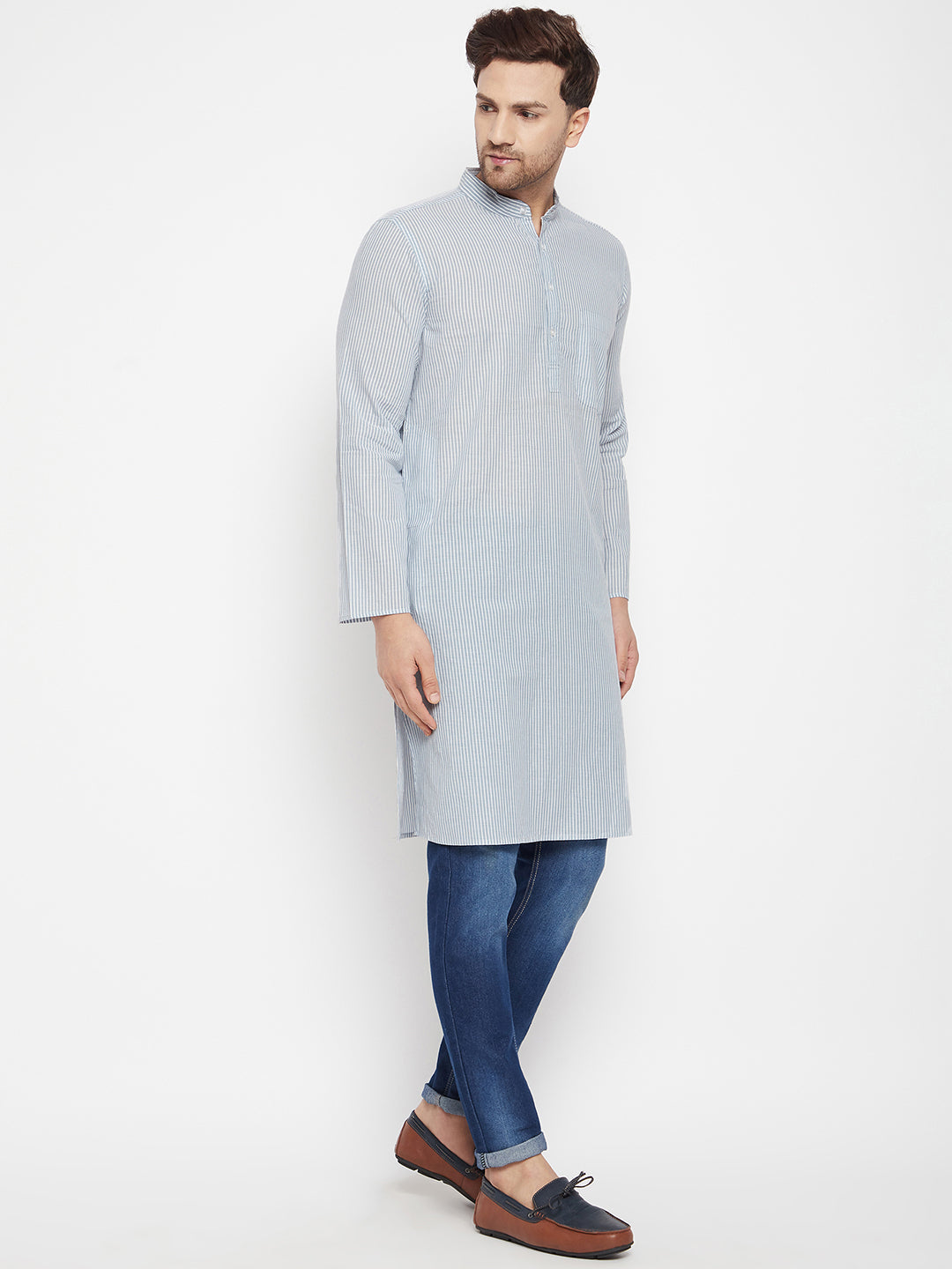 Men's Grey Color Long Kurta with Band Collar