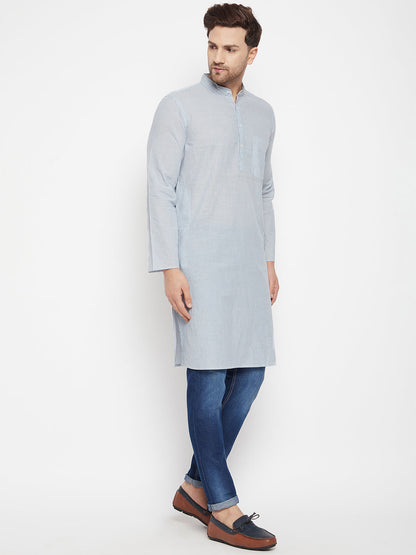 Men's Grey Color Long Kurta with Band Collar