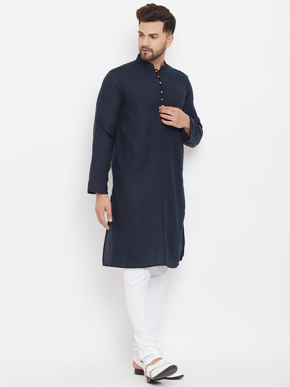 Men's Solid Navy Blue Placket Detail Cotton Kurta