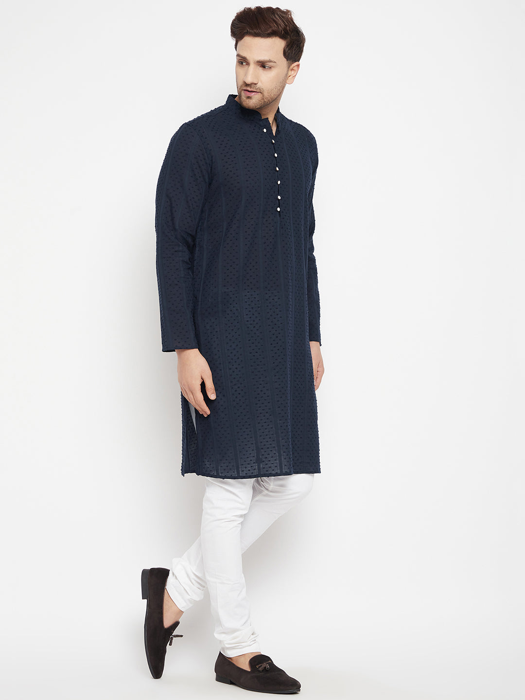 Men's Blue Color Long Kurta with Band Collar