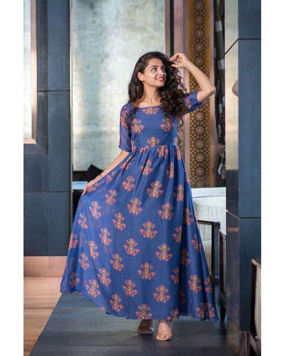 Women's Printed Long Dress Dark Blue (1pc) - Label Shaurya Sanadhya