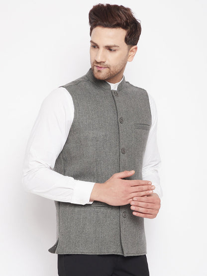 Men's Grey Color Woven Nehru Jacket