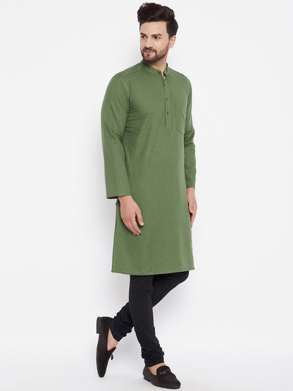 Men's Solid Linen Green Straight Kurta