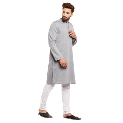 Men's Light Grey Solid Cotton Kurta