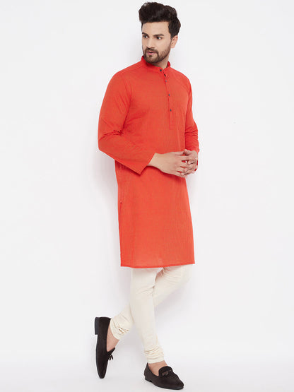 Men's Pure Cotton Striped Orange Kurta