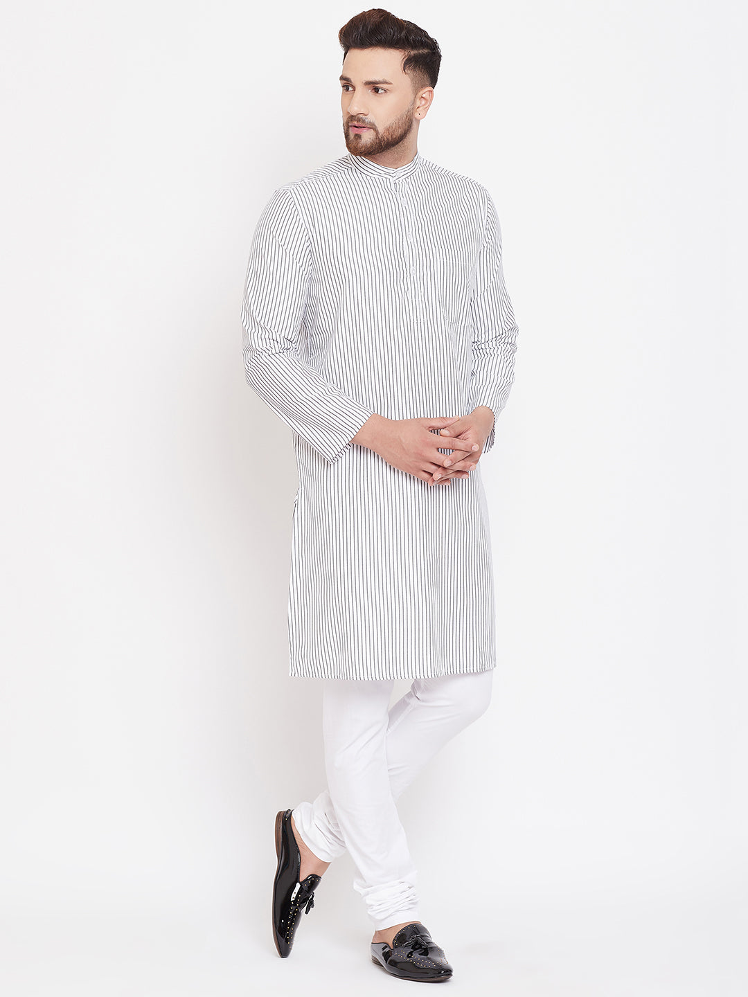 Men's Pure Cotton White Striped Kurta