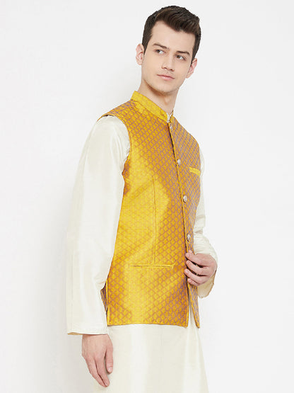 Men's Jacquard Yellow Silk Nehru Jacket