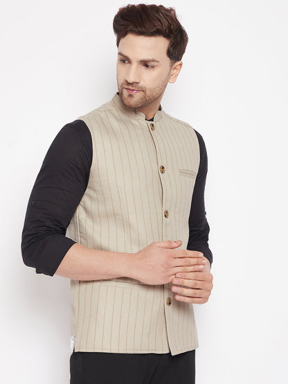 Men's Beige Color Woven Nehru Jacket