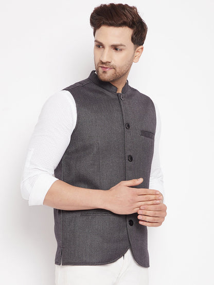 Men's Grey Color Woven Nehru Jacket