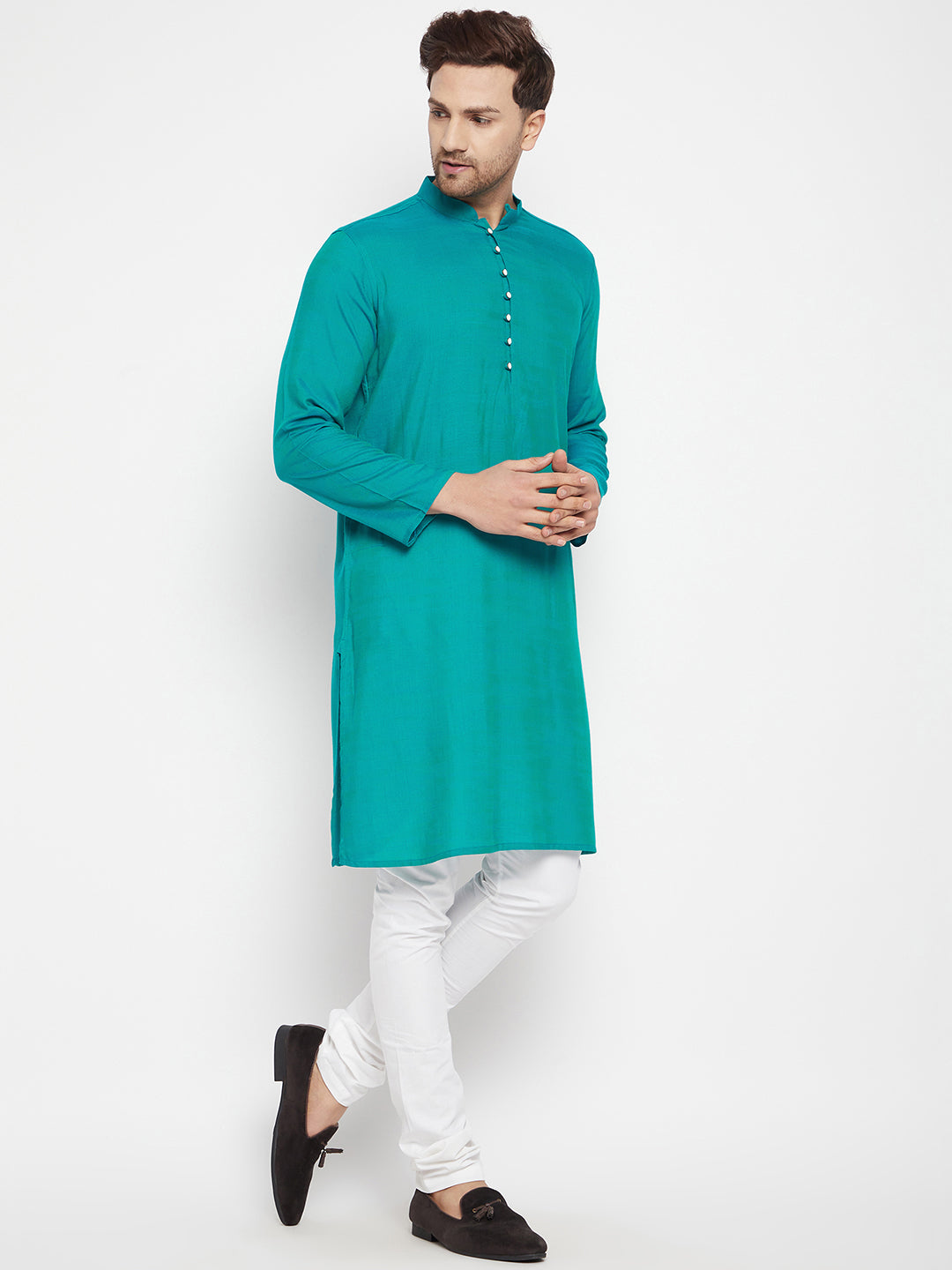 Men's Green Color Long Kurta with Band Collar