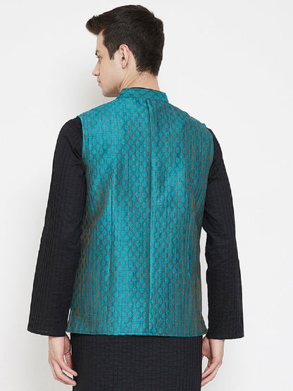 Men's Jacquard Blue Silk Nehru Jacket