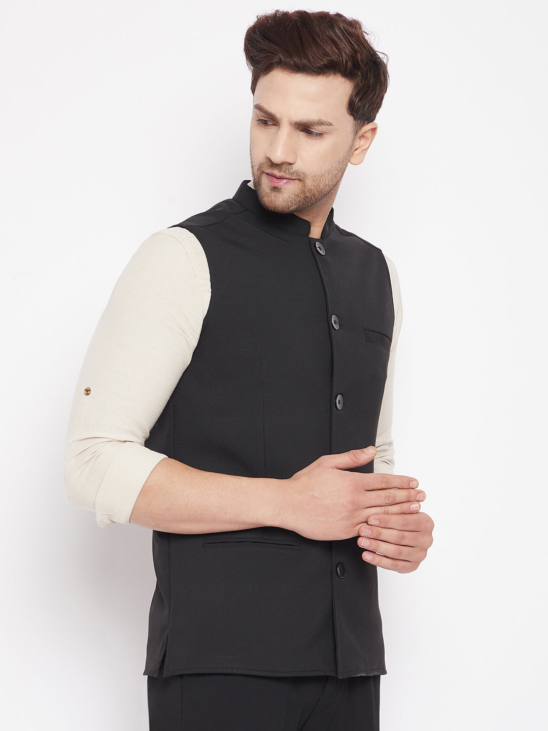 Men's Black Color Woven Nehru Jacket