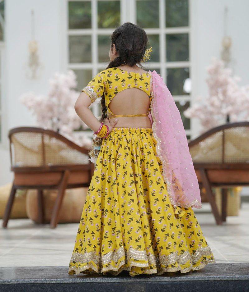 Girl's Yellow Printed Lehenga Choli And Organza Dupatta