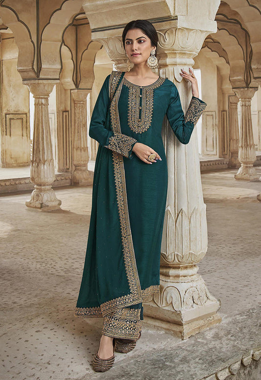 Women's Dark Teal Color Dola Silk Semi Stitched Embroidered Designer Suit