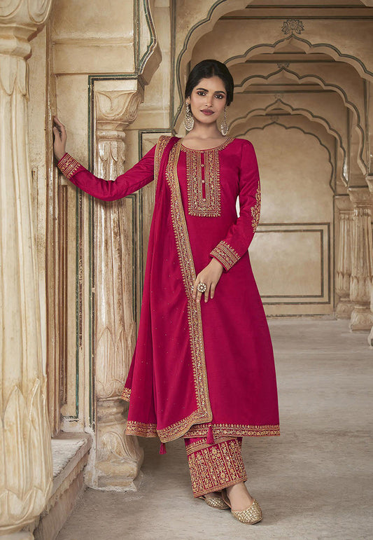 Women's Crimson Color Dola Silk Semi Stitched Embroidered Designer Suit