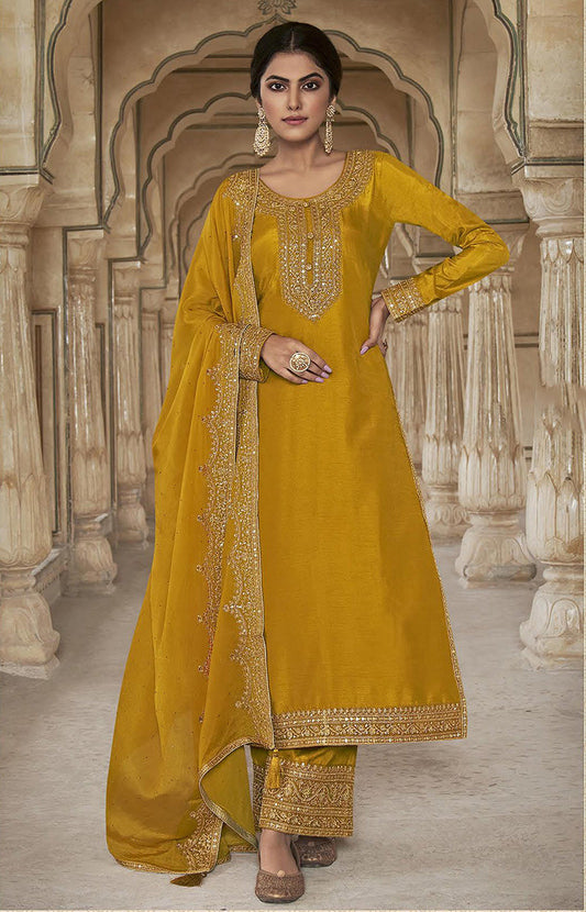 Women's Mustard Color Dola Silk Semi Stitched Embroidered Designer Suit