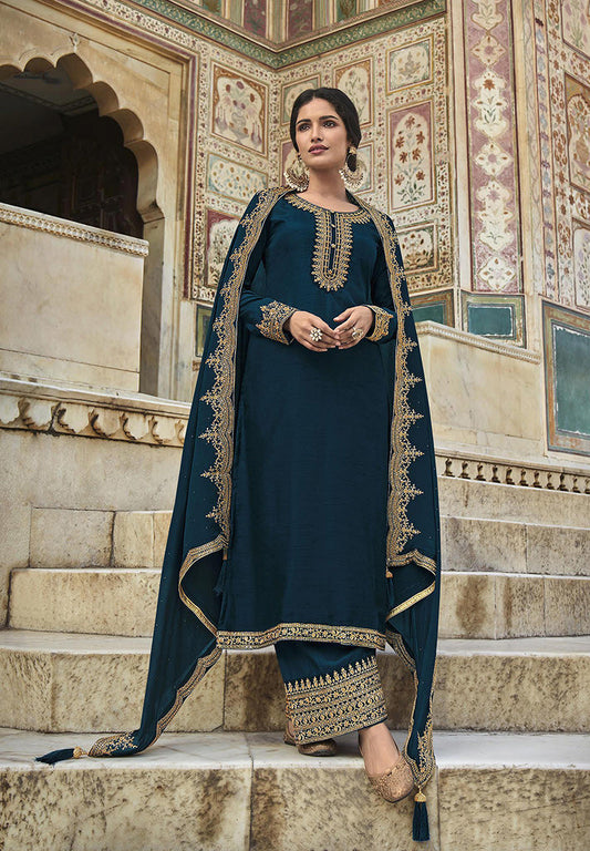 Women's Navy Blue Color Dola Silk Semi Stitched Embroidered Designer Suit