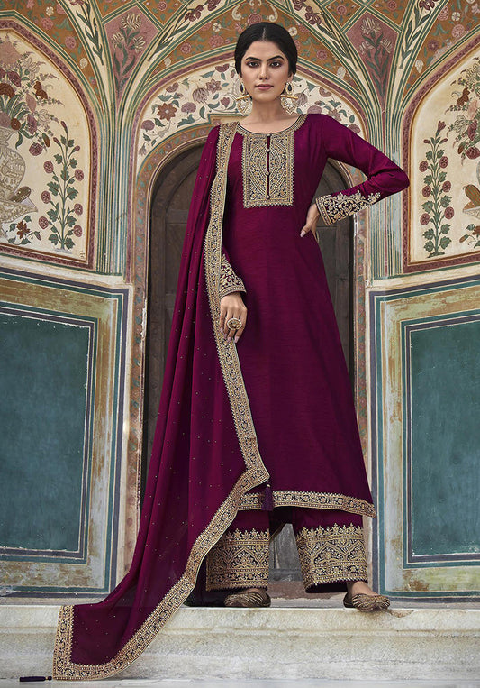 Women's Wine Color Dola Silk Semi Stitched Embroidered Designer Suit