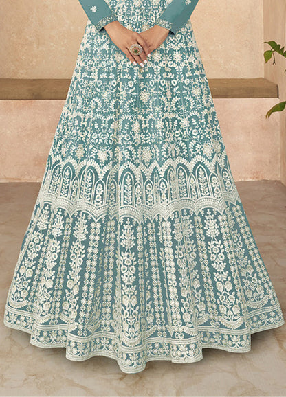 Women's Light Turquoise Color Georgette Semi Stitched Embroidered Anarkali Dress