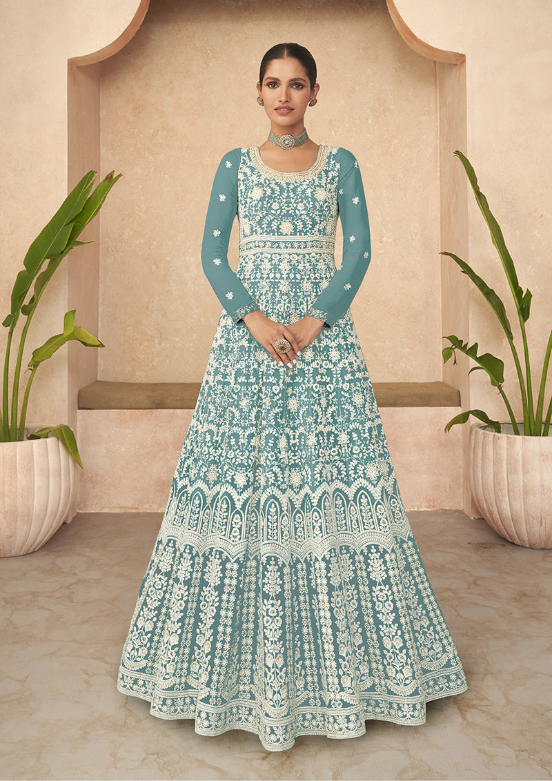 Women's Light Turquoise Color Georgette Semi Stitched Embroidered Anarkali Dress