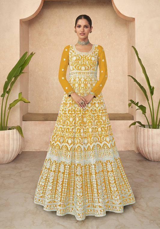 Women's Mustard Color Georgette Semi Stitched Embroidered Anarkali Dress