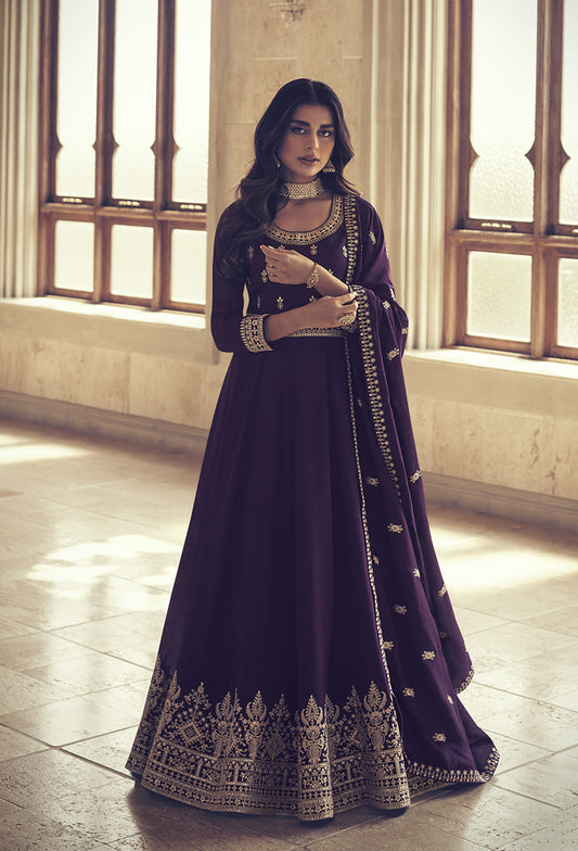 Women's Purple Color Embroidered Silk Floor Length Anarkali