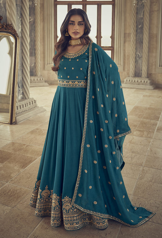 Women's Teal Color Embroidered Silk Floor Length Anarkali