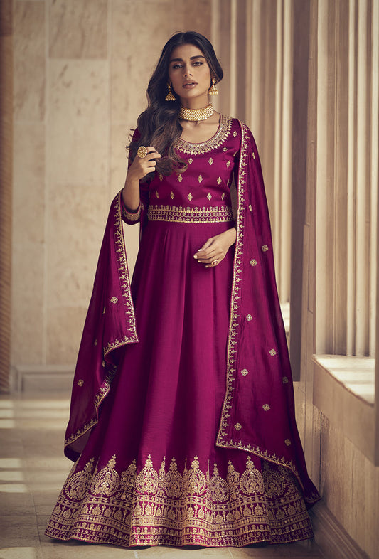 Women's Magenta Color Embroidered Silk Floor Length Anarkali