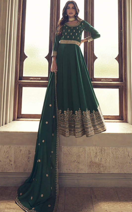 Women's Green Color Embroidered Silk Floor Length Anarkali