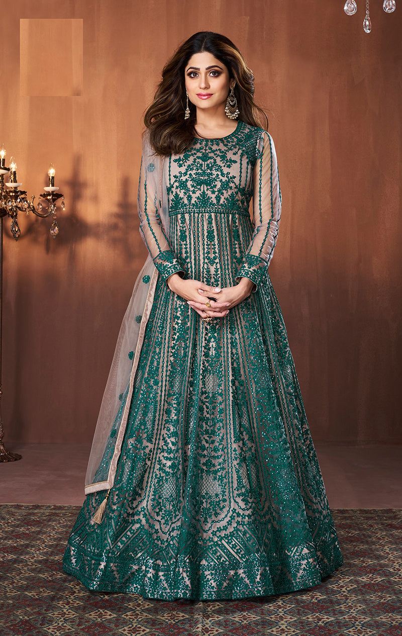 Women's Teal Sequins Designer Long Salwar Suit