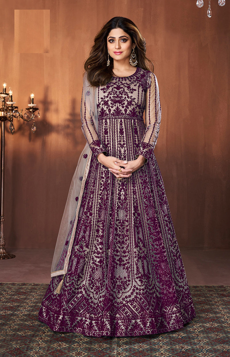 Women's Wine Sequins Designer Long Salwar Suit