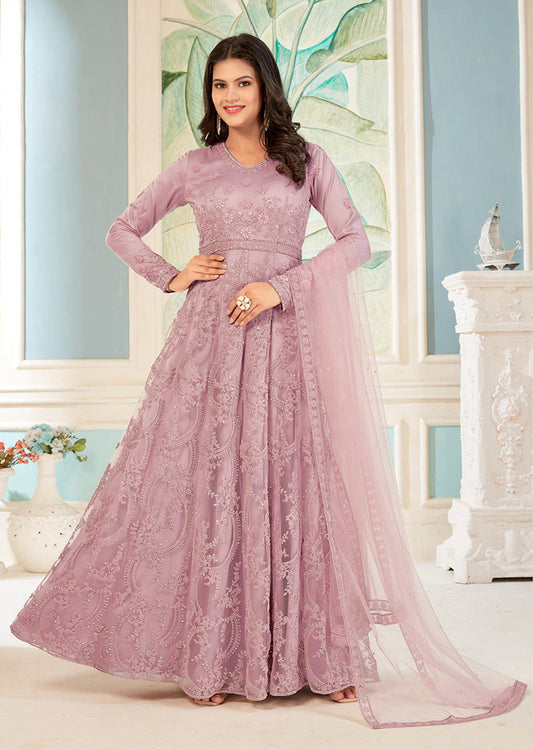 Women's Light Pink Colour Soft Net Embroidered Partywear Salwar Kameez