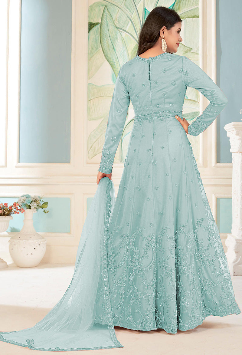 Women's Sky Blue Colour Soft Net Embroidered Partywear Salwar Kameez