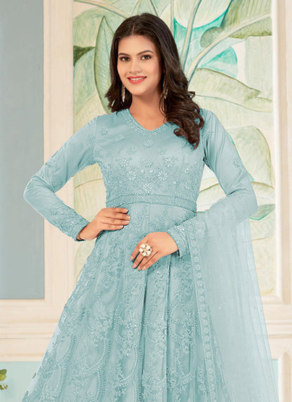 Women's Sky Blue Colour Soft Net Embroidered Partywear Salwar Kameez