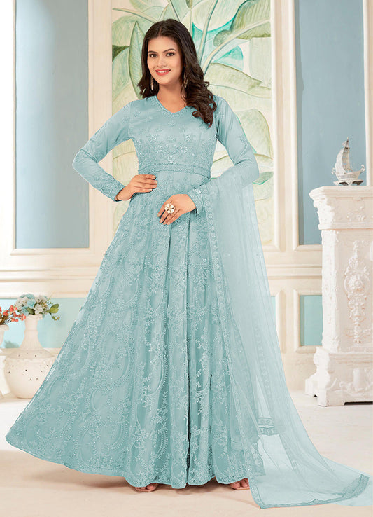 Women's Sky Blue Colour Soft Net Embroidered Partywear Salwar Kameez