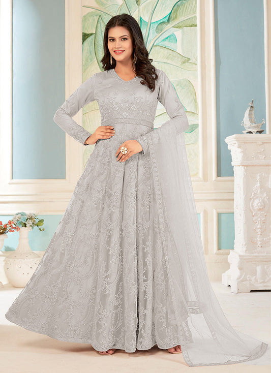 Women's Light Grey Colour Soft Net Embroidered Partywear Salwar Kameez