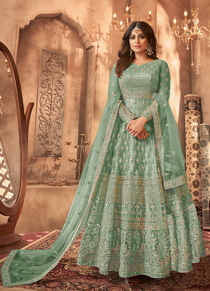 Women's Light Turquoise Color Georgette Semi Stitched Embroidered Anarkali Dress