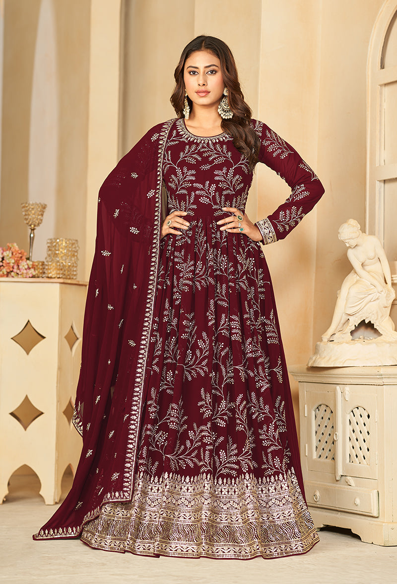 Women's Maroon Sequins Faux Georgette Designer Salwar Suit