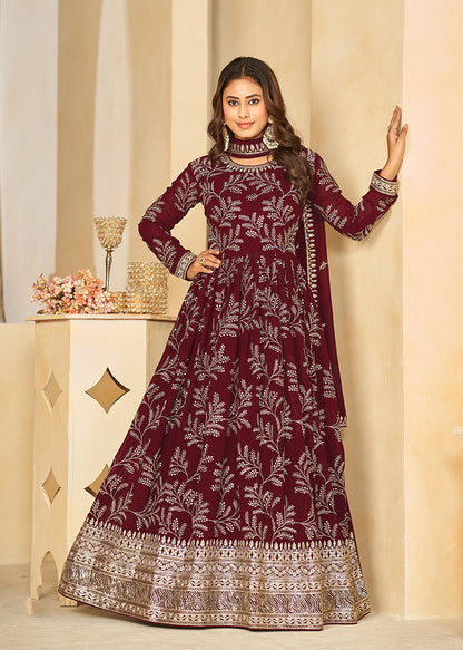 Women's Maroon Sequins Faux Georgette Designer Salwar Suit